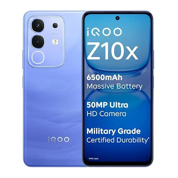 iQOO Z10x 5G (Ultramarine, 8GB RAM, 256GB Storage) | 6500 mAh Large Capacity Battery | Dimensity 7300 Processor | Military-Grade Durability